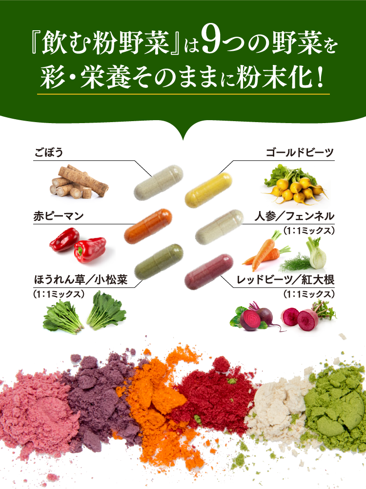 『飲む粉野菜』は9つの野菜を彩・栄養そのままに粉末化！